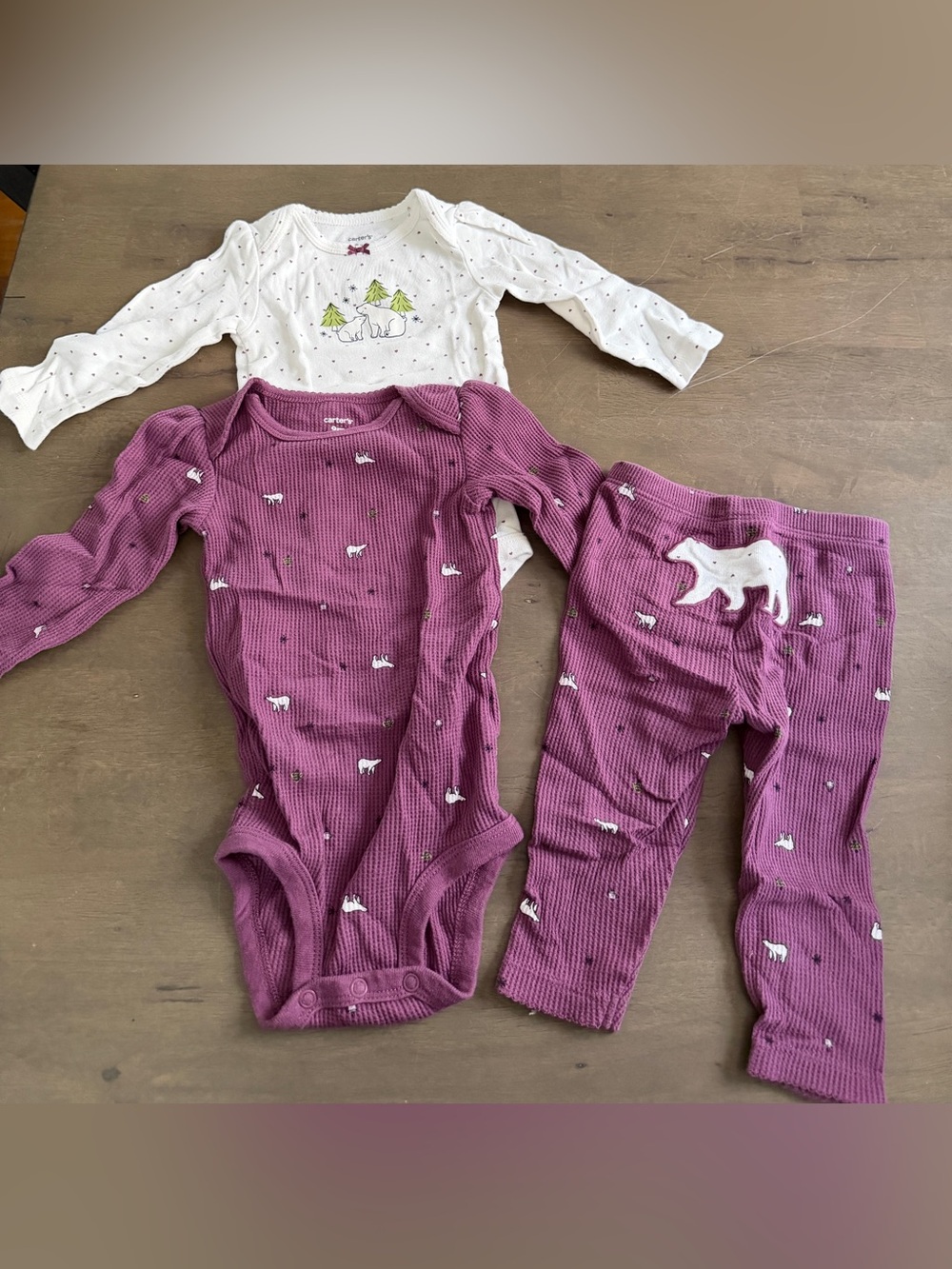 3pc Baby Girl Polar Bear Waffle Knit Long Sleeve and Legging Set - Plum/Cream